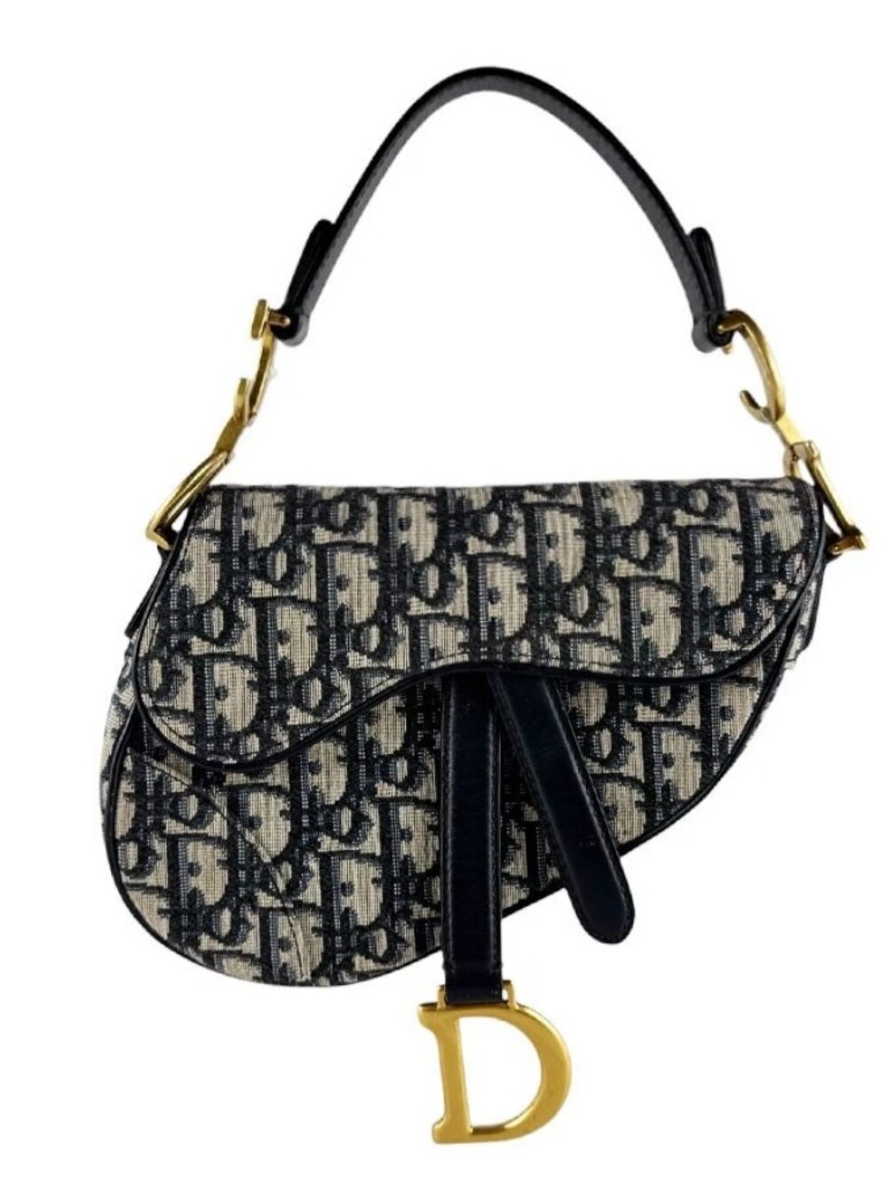 Christian Dior Saddle Bag Handbag Navy Canvas/Leather/Goldtone